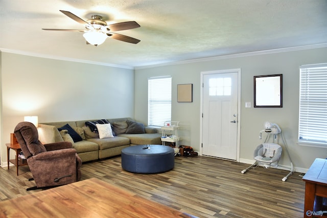 living area with ornamental molding, wood finished floors, and a healthy amount of sunlight