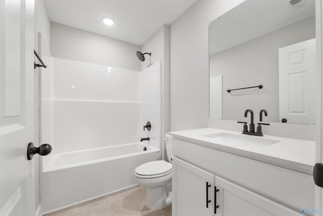 bathroom featuring  shower combination, visible vents, vanity, and toilet