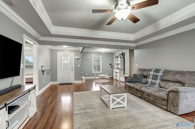 living room with crown molding, dark wood-type flooring, ceiling fan, and a tray ceiling