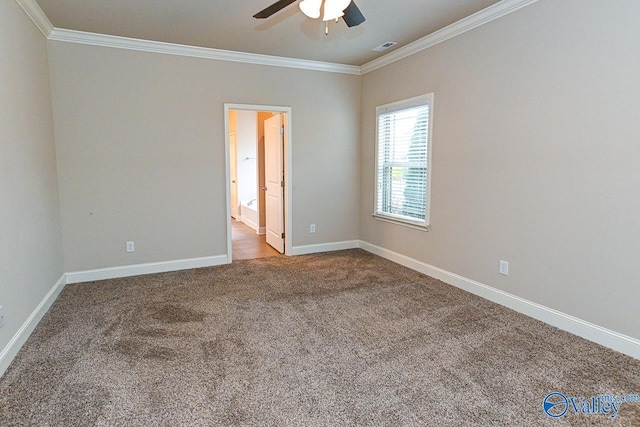 9 Leyland Dr SW, Huntsville, AL 35824 - carpeted empty room with baseboards, visible vents, ornamental molding, and ceiling fan