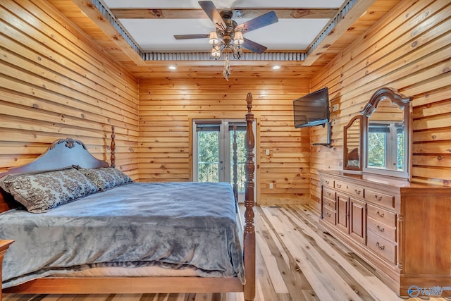 bedroom with ceiling fan, access to outside, and light hardwood / wood-style flooring