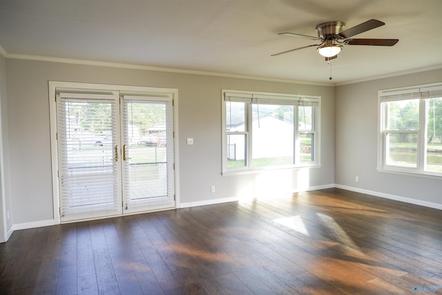unfurnished room featuring baseboards, plenty of natural light, and dark wood-type flooring