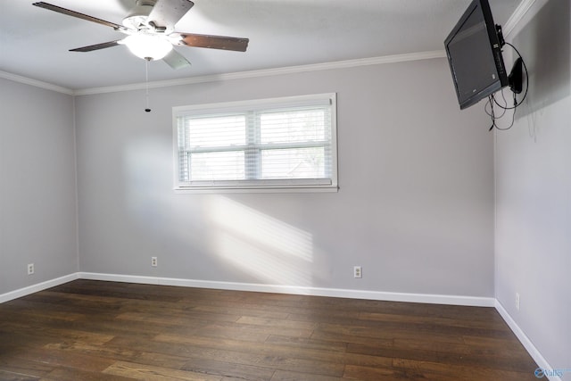 spare room featuring crown molding, a ceiling fan, and wood finished floors
