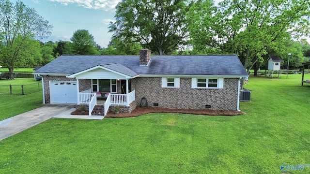 ranch-style home with covered porch, brick siding, crawl space, and a front yard