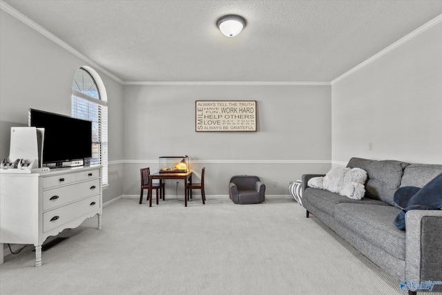 living room with baseboards, a textured ceiling, crown molding, and light colored carpet