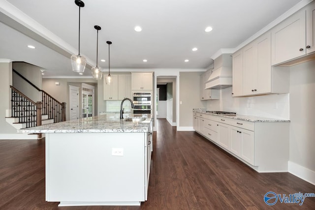 kitchen with premium range hood, decorative backsplash, appliances with stainless steel finishes, and dark wood finished floors