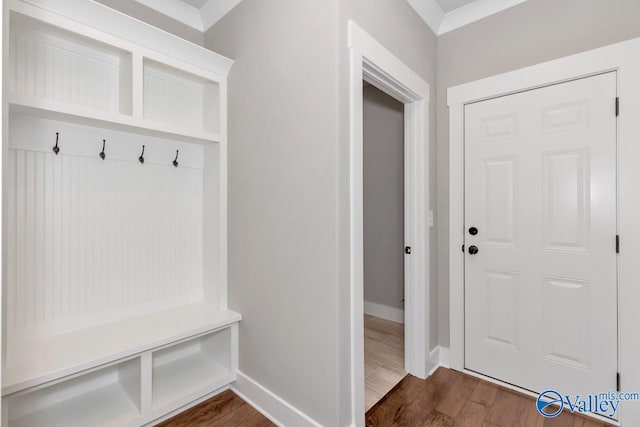 mudroom with dark hardwood / wood-style floors