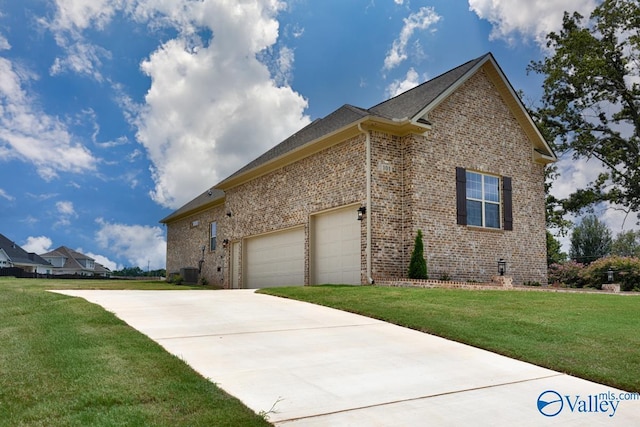 view of home's exterior with an attached garage, concrete driveway, central air condition unit, a lawn, and brick siding