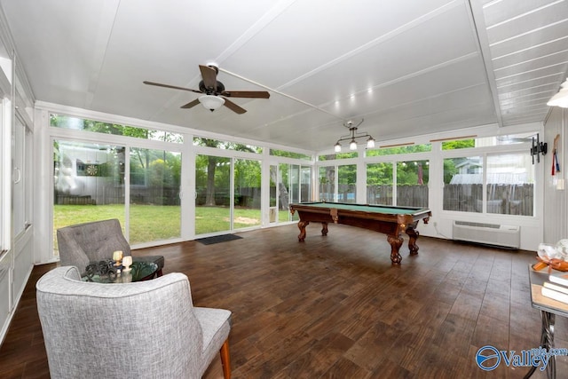 recreation room featuring billiards, an AC wall unit, hardwood / wood-style flooring, and ceiling fan
