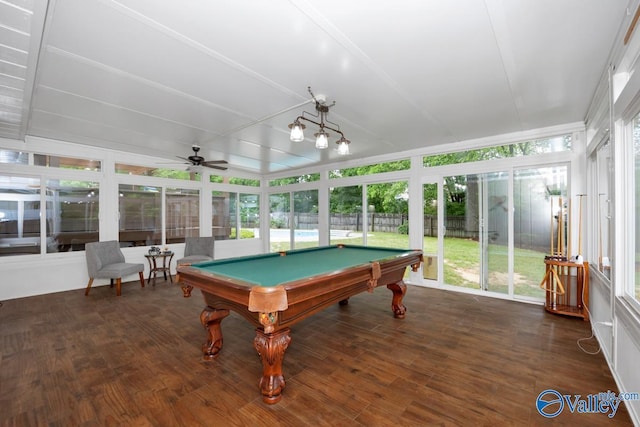 rec room with wood finished floors, billiards, and ceiling fan