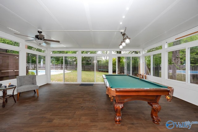playroom featuring billiards, plenty of natural light, wood finished floors, and ceiling fan