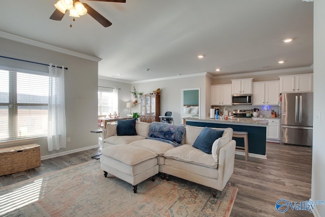 living room with ceiling fan, sink, wood-type flooring, and ornamental molding