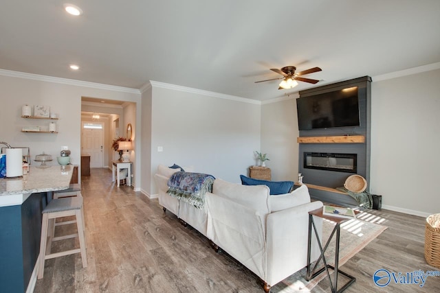 living room with a large fireplace, crown molding, and dark wood-type flooring
