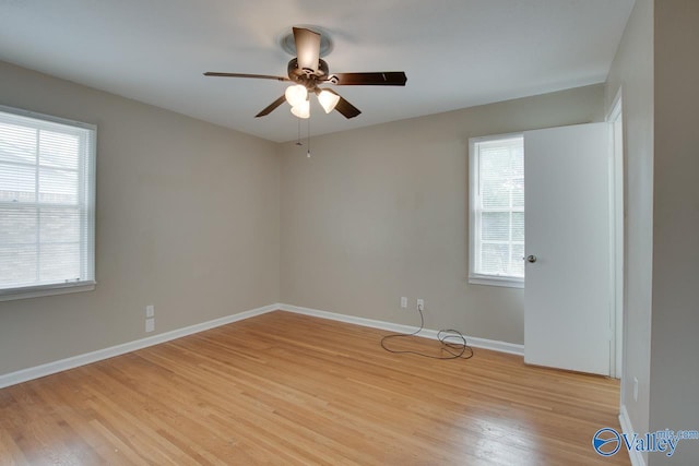 spare room featuring light wood-type flooring and ceiling fan