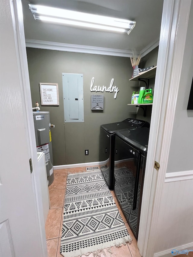 laundry room with crown molding, electric panel, washer and clothes dryer, and electric water heater