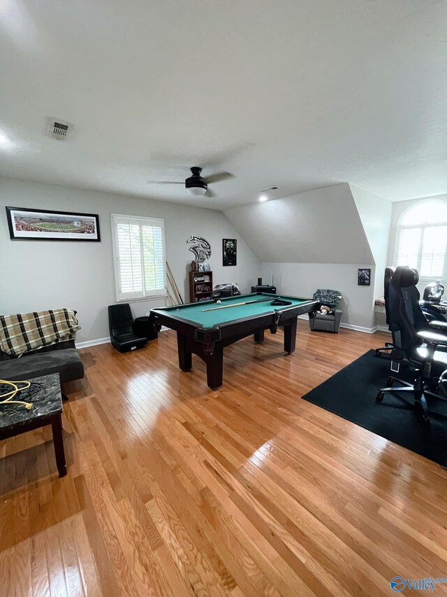 game room featuring pool table, lofted ceiling, ceiling fan, and light hardwood / wood-style flooring