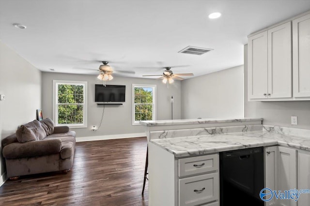 2403 Hog Jaw Rd, Arab, AL 35016 - kitchen with visible vents, a peninsula, white cabinets, dishwasher, and open floor plan