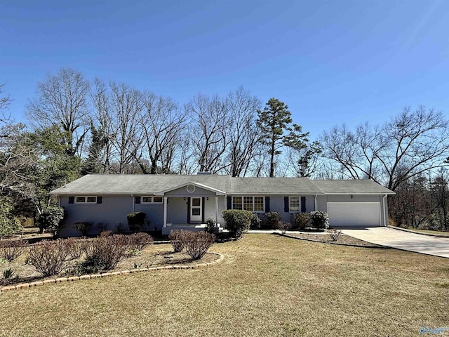 ranch-style house with driveway, a garage, a front lawn, and brick siding