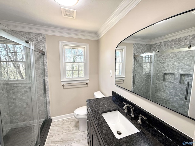 full bathroom with toilet, marble finish floor, visible vents, and crown molding