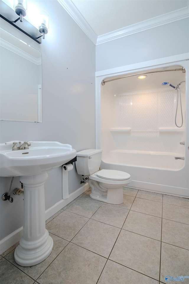 bathroom featuring toilet, shower / bath combination, tile patterned floors, and ornamental molding