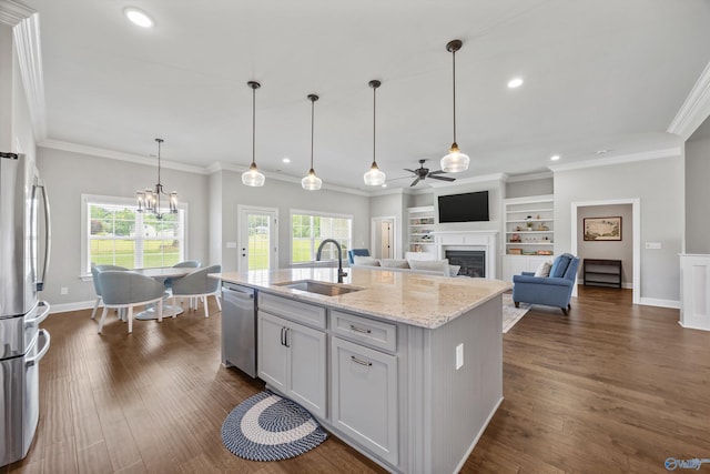 106 Timber Springs Ct, Madison, AL 35756 - kitchen featuring a sink, appliances with stainless steel finishes, a fireplace, ceiling fan, and recessed lighting