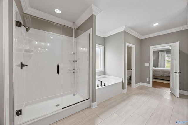 106 Timber Springs Ct, Madison, AL 35756 - full bathroom with ornamental molding, toilet, a garden tub, a stall shower, and baseboards
