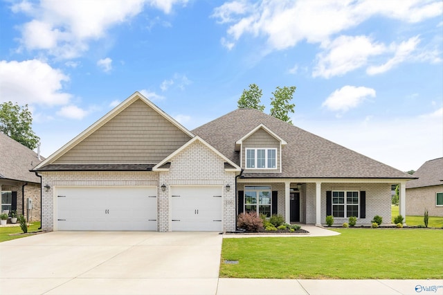 106 Timber Springs Ct, Madison, AL 35756 - craftsman-style house with an attached garage, driveway, brick siding, a front lawn, and roof with shingles