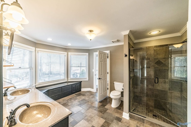 bathroom featuring walk in shower, vanity, a healthy amount of sunlight, and toilet