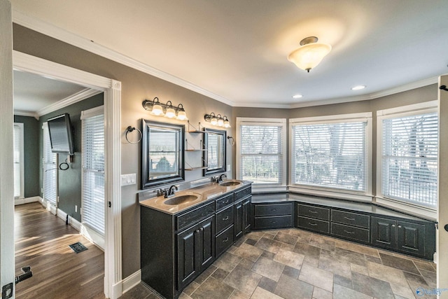 bathroom with crown molding, vanity, and a healthy amount of sunlight