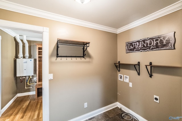 laundry area with electric dryer hookup, tankless water heater, ornamental molding, and hookup for a washing machine