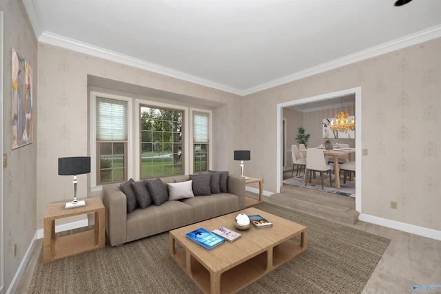 living room with crown molding and a notable chandelier