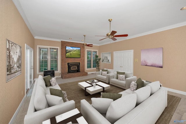 living room featuring crown molding, ceiling fan, and a brick fireplace