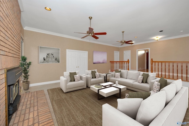 living room with ceiling fan and ornamental molding