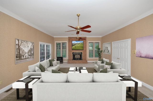 carpeted living room with a wood stove, ceiling fan, and crown molding