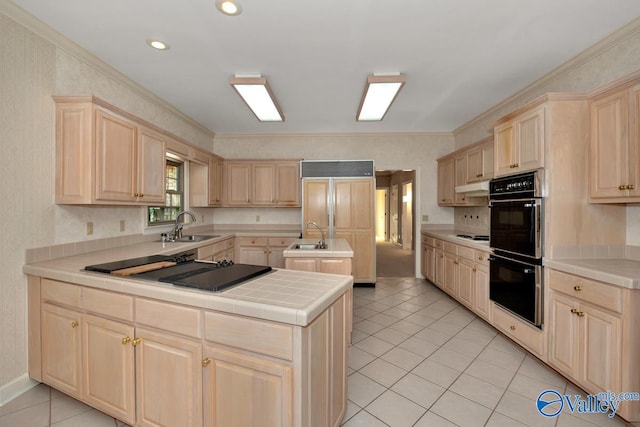 kitchen featuring crown molding, black appliances, sink, light brown cabinets, and tile counters