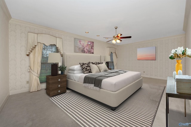 carpeted bedroom with ceiling fan and crown molding