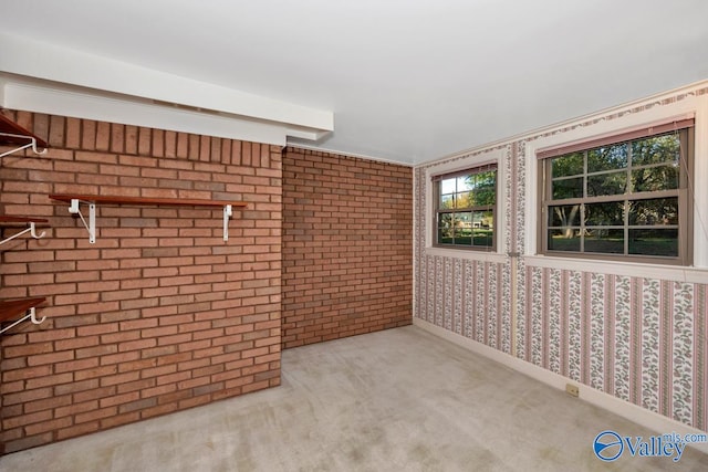 interior space with light colored carpet and brick wall