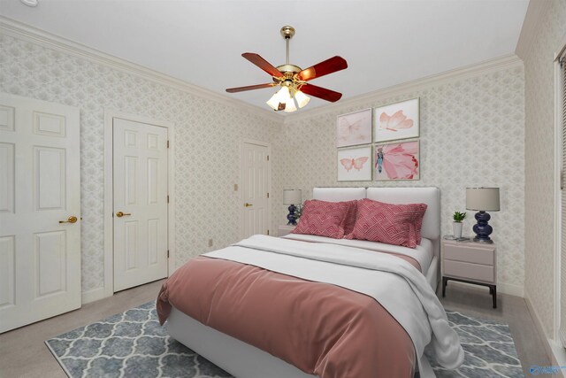 bedroom featuring ceiling fan and crown molding