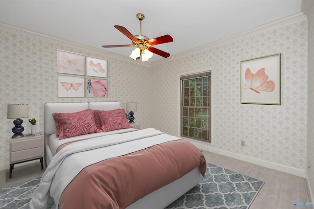 bedroom with ceiling fan and ornamental molding