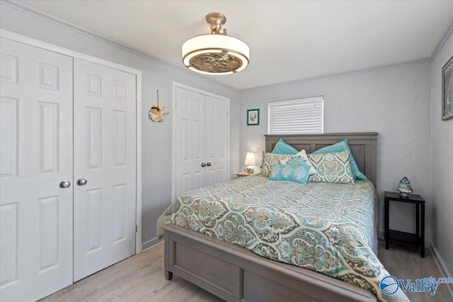 bedroom featuring light hardwood / wood-style floors, ornamental molding, and two closets