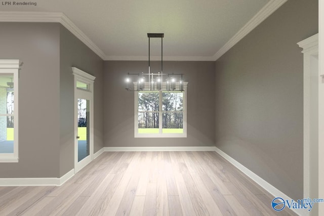 unfurnished dining area featuring crown molding, wood finished floors, and baseboards