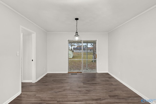 unfurnished dining area featuring crown molding and dark wood-type flooring