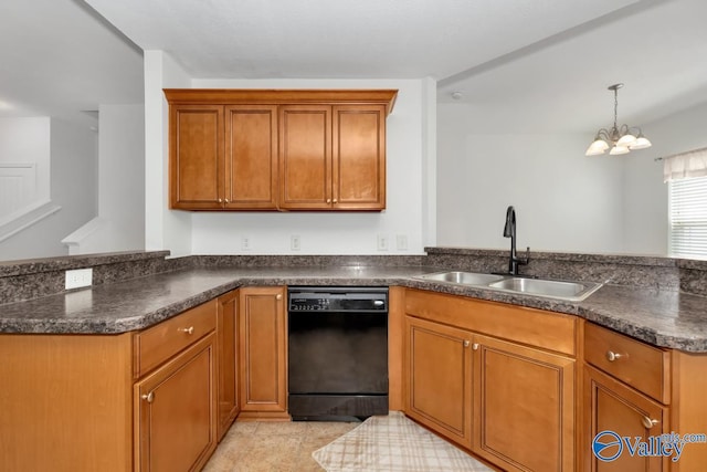 kitchen featuring light tile patterned flooring, sink, hanging light fixtures, kitchen peninsula, and black dishwasher