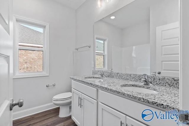 bathroom featuring hardwood / wood-style flooring, a healthy amount of sunlight, toilet, and vanity