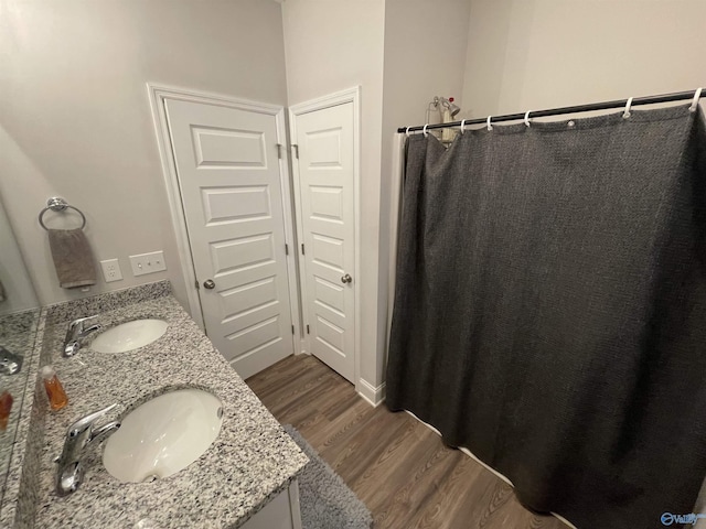 bathroom featuring hardwood / wood-style floors and vanity