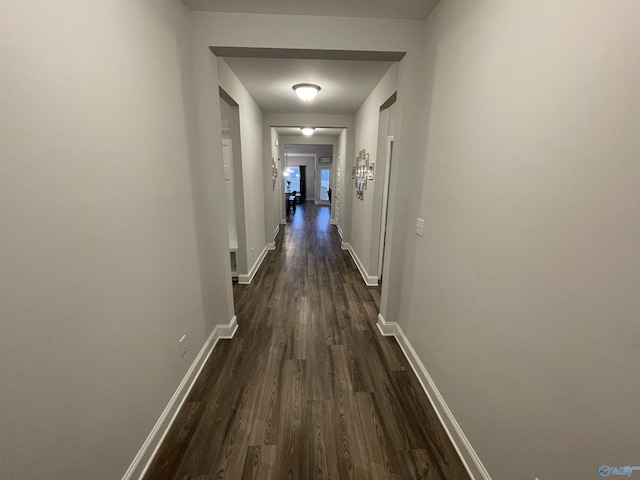 hallway with dark hardwood / wood-style flooring