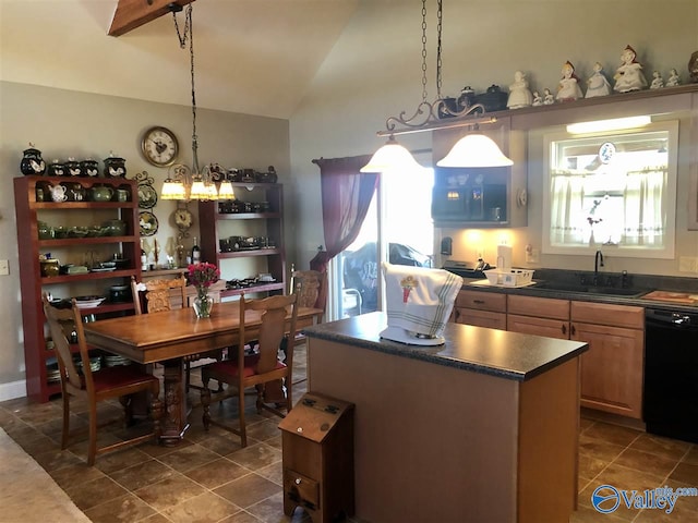 kitchen with sink, a notable chandelier, dishwasher, hanging light fixtures, and lofted ceiling