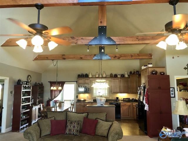 living room with lofted ceiling with beams and ceiling fan with notable chandelier