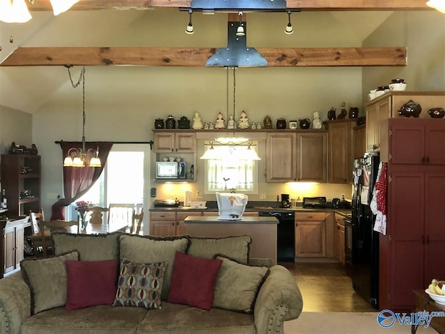 kitchen with hanging light fixtures, an inviting chandelier, beamed ceiling, light tile patterned flooring, and black appliances