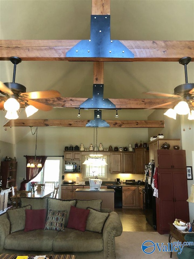 living room with beam ceiling, light tile patterned floors, and ceiling fan